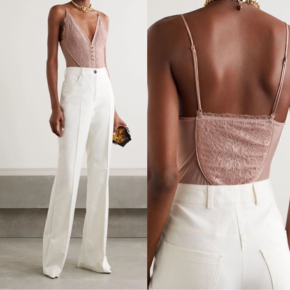 Jonathan Simkhai Lace Satin Trim Stretch Mesh Gemma Plunge Vneck Bodysuit Sz M